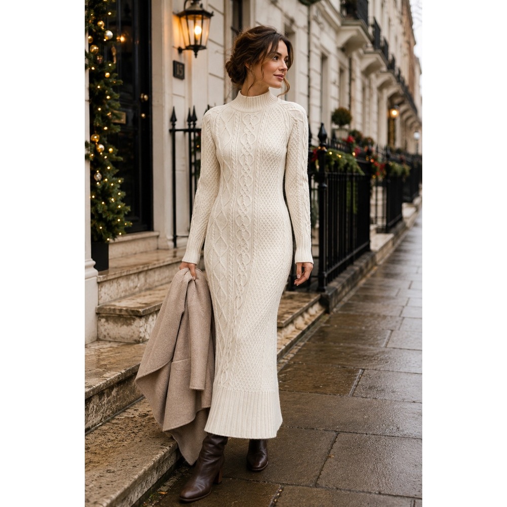 River Island Cream Cable Knit Mock Neck Maxi Sweater Dress Womens 4 UK 8 EU 34